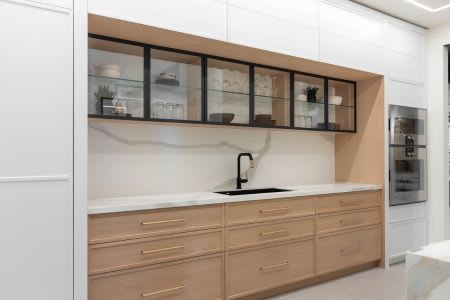 White oak handcrafted kitchen cabinets in Waterloo kitchen showroom