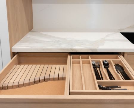 Custom wood drawer cutlery organizer and knife block