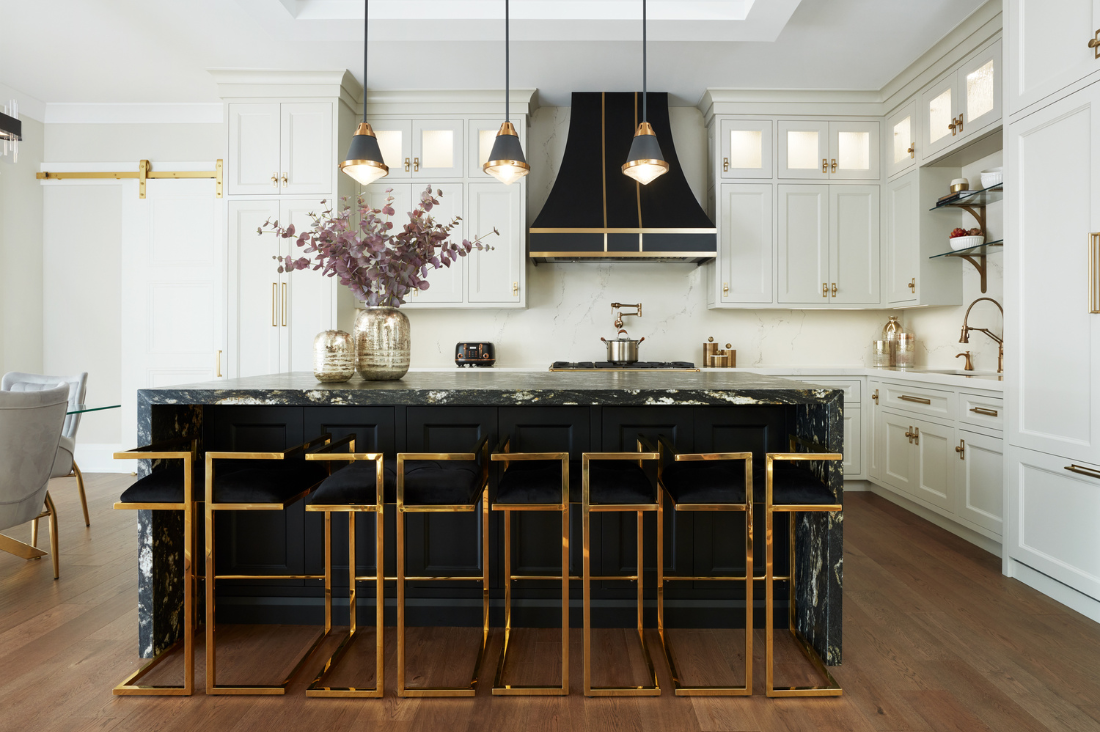 luxury custom white and black kitchen with gold accents