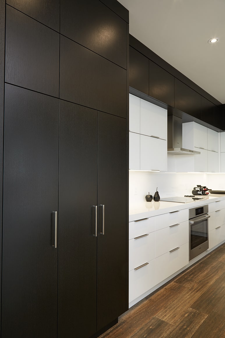 modern black and white kitchen with tall pantry cabinet