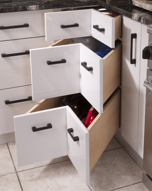 corner bank of drawers in a white custom kitchen