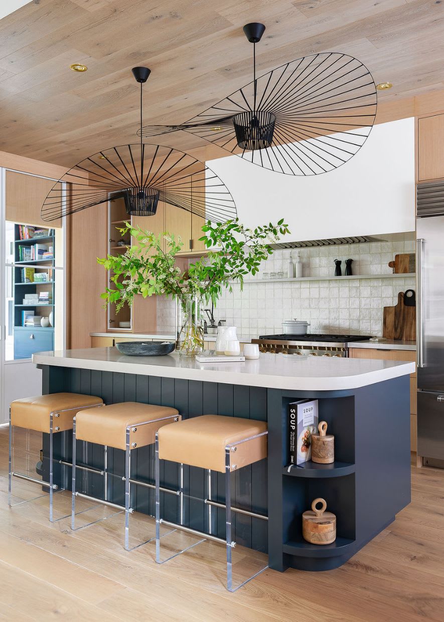 blue painted kitchen island with white oak accents