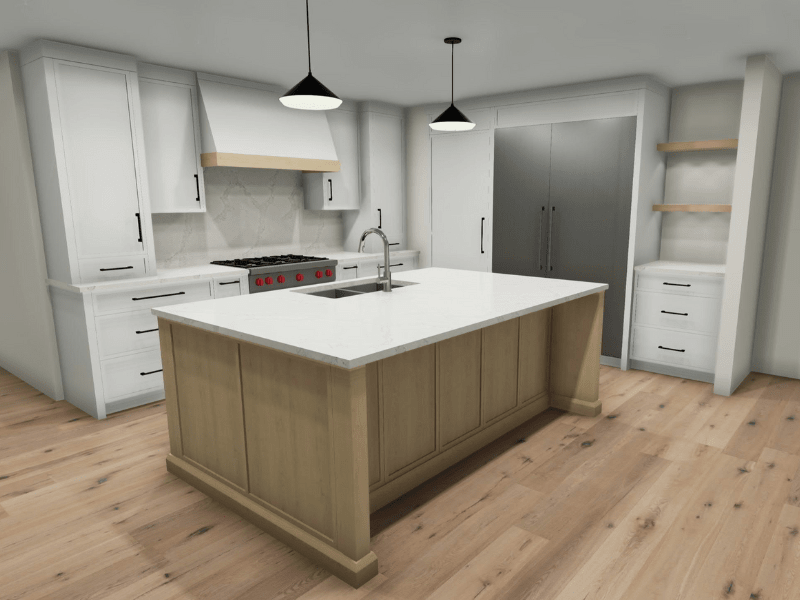 Kitchen rednering with wood island, white painted cabinets, and black hadrware