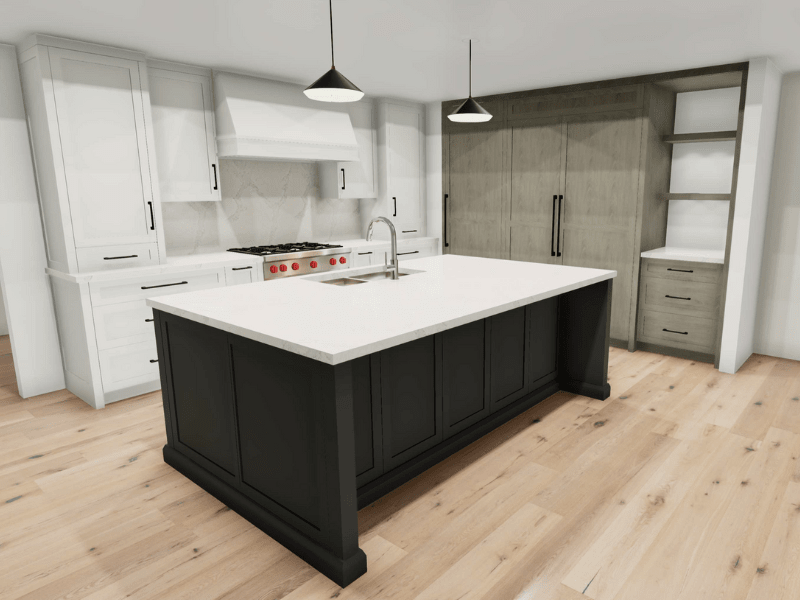 Kitchen rendering black painted island, white painted main cabinetry with black hardware