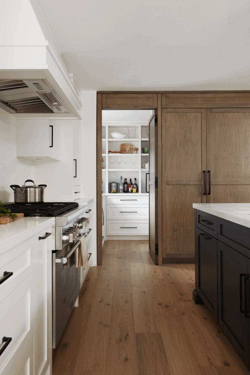 a transitional kitchen with a hidden pantry opening and closing 