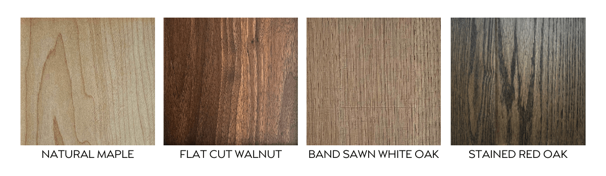 an array of wood stains and types including maple, walnut, white and red oak