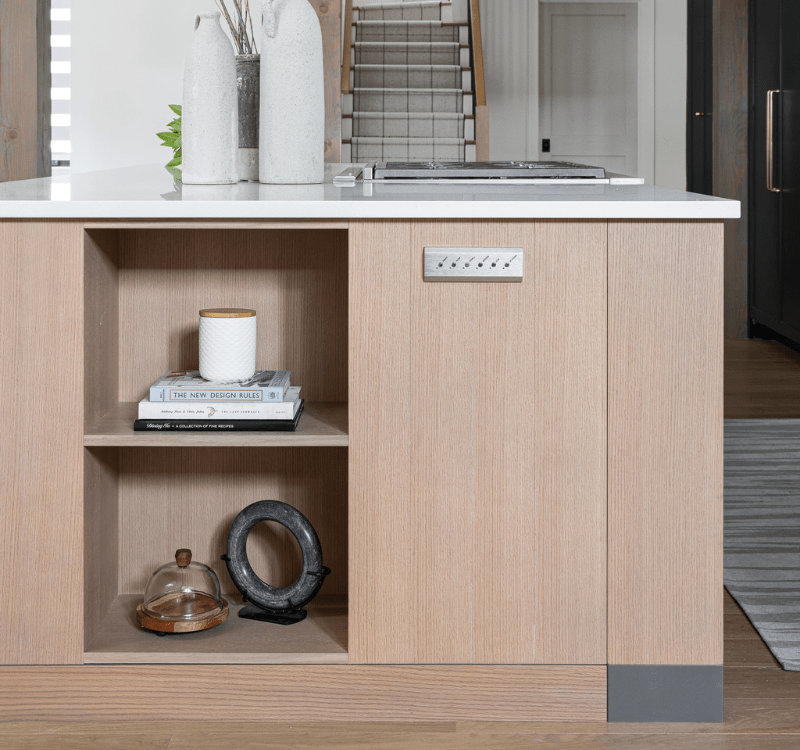 Kitchen island design with open book shelf