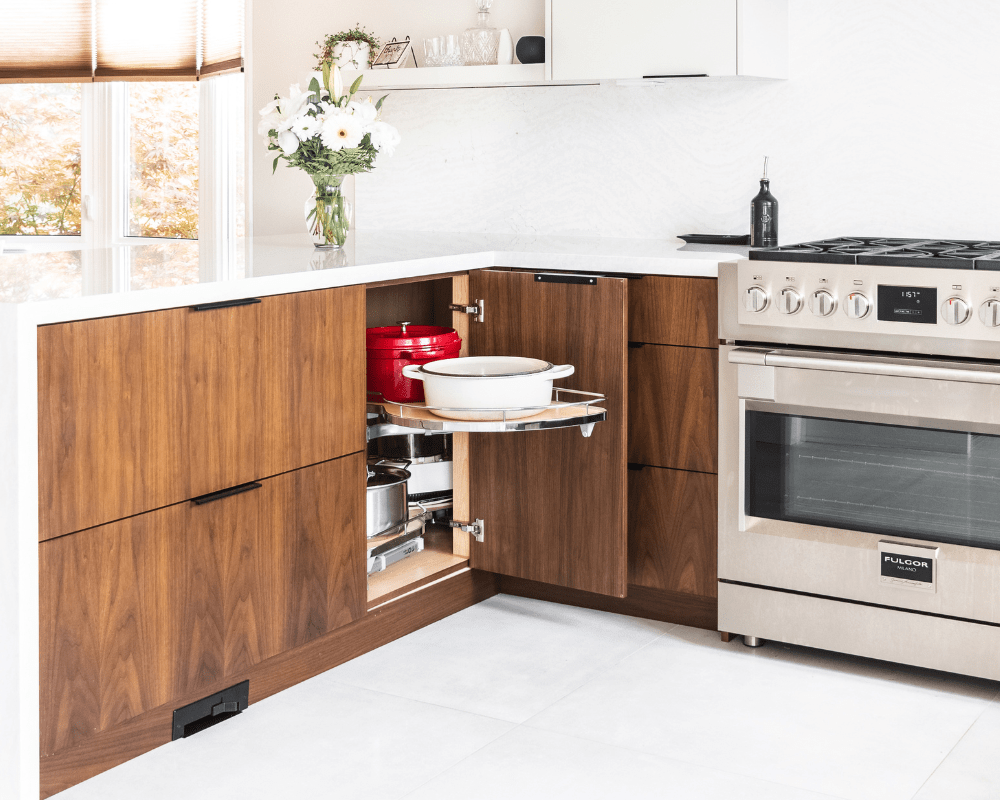 Corner pull out cabinet for pots and cookware storage