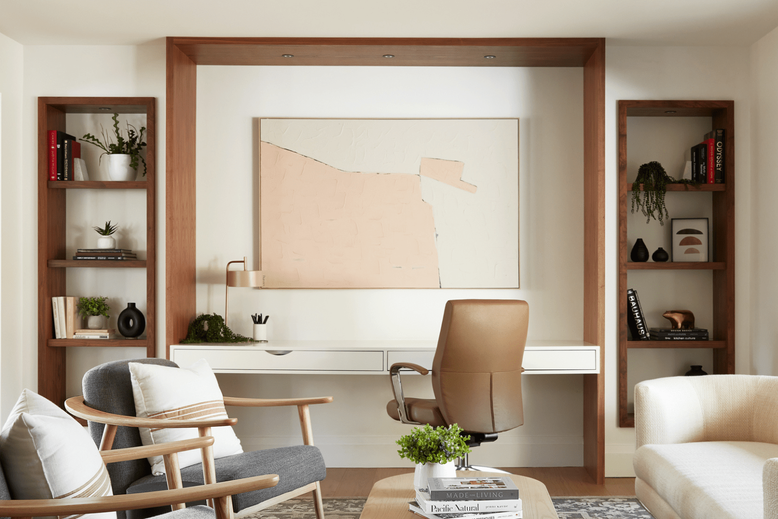 Mid-Century Modern living room with natural walnut vingettes