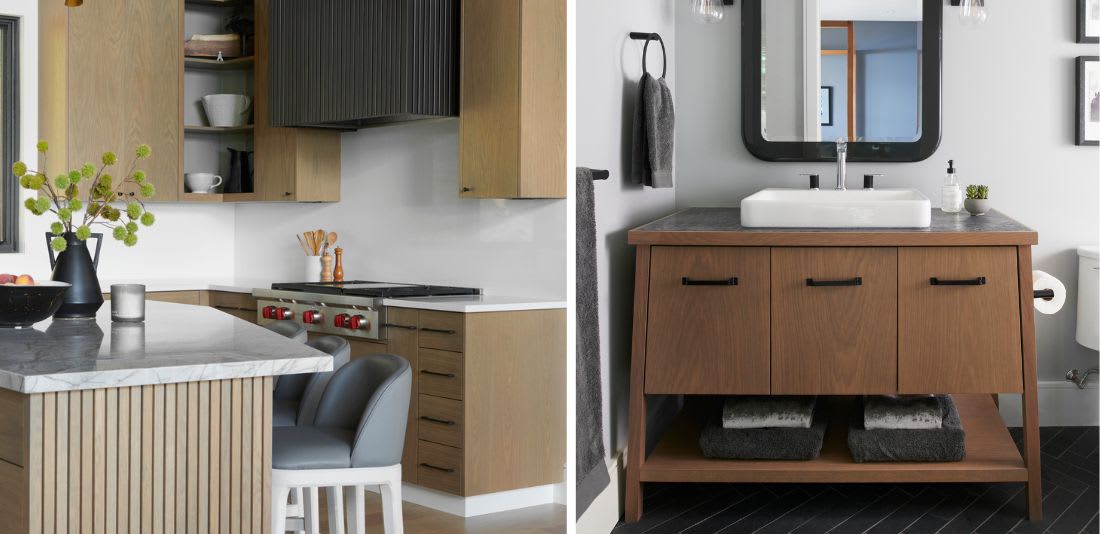 Image of a modern white oak kitchen beside a picture of a white oak bathroom vanity with black accents