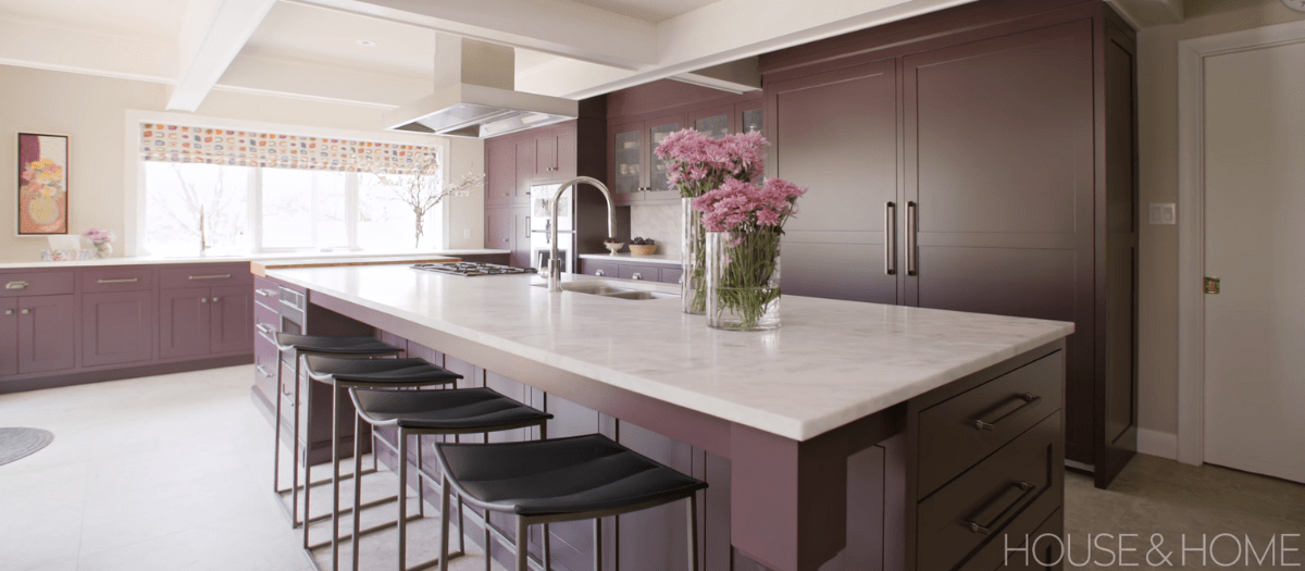 Overview from island overlooking purple painted cabinetry