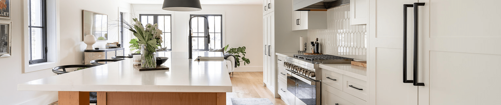 white, matte black and alder wood farmhouse kitchen