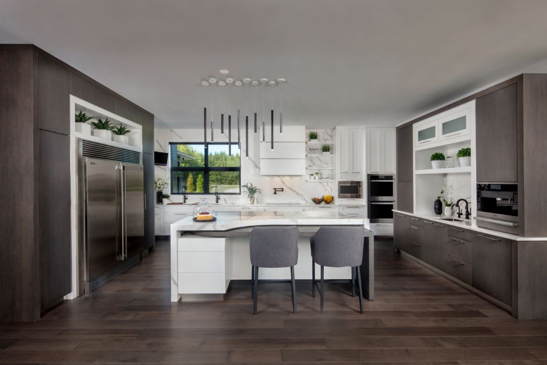 U-Shaped Kitchen Cabinet layout with dark wood cabinets and white marbled stonex countertop.