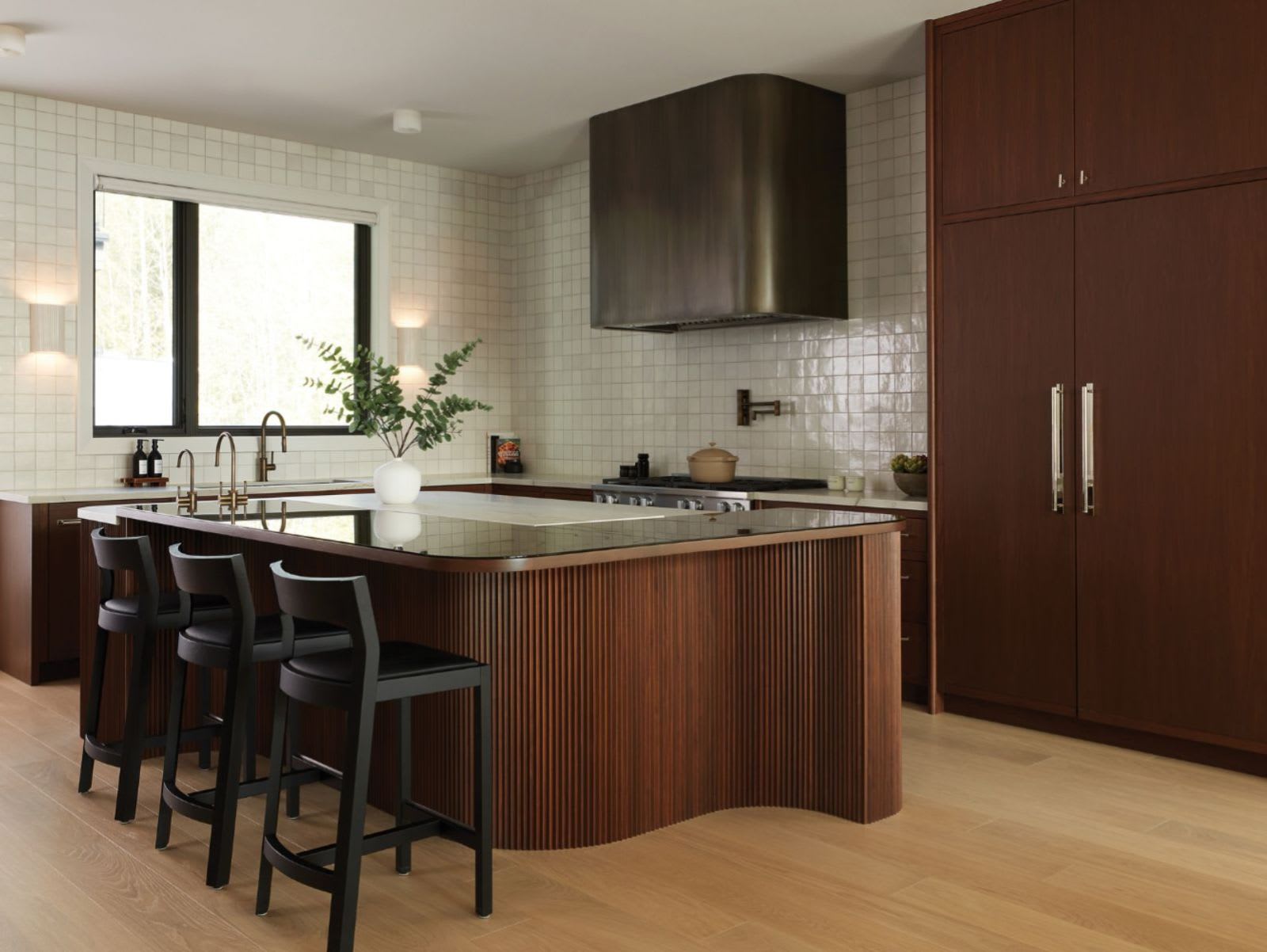 flat-cut walnut modern kitchen cabinets and island