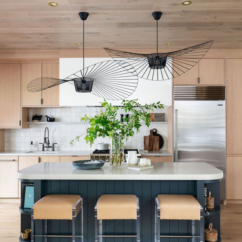 Oak kitchen cabinets with grey painted kitchen island