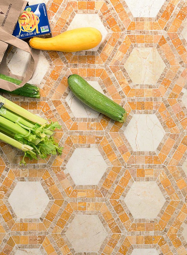 5 Pops of Colour to Consider for Your Kitchen | Zeta Crema Marfil Noche Polished Marble Mosaic Tile