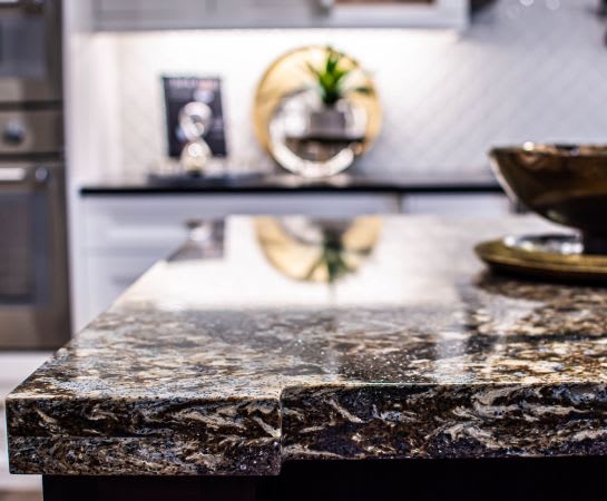 Close up of black quartz countertop corner