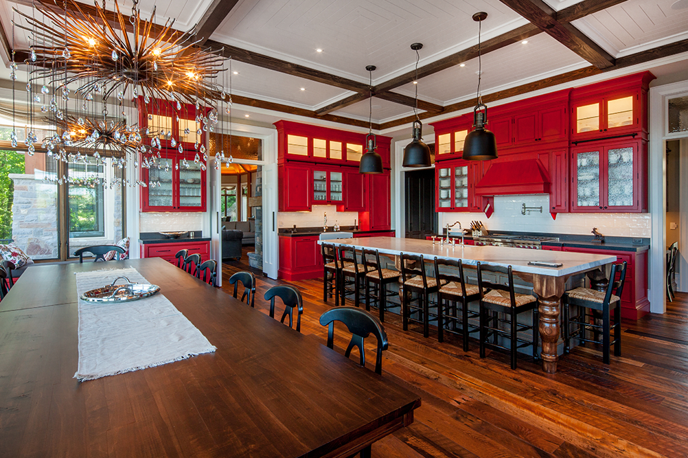 red custom cottage kitchen in muskoka ontario