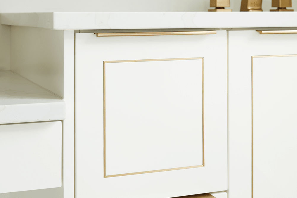 white custom vanity door with metal inlay