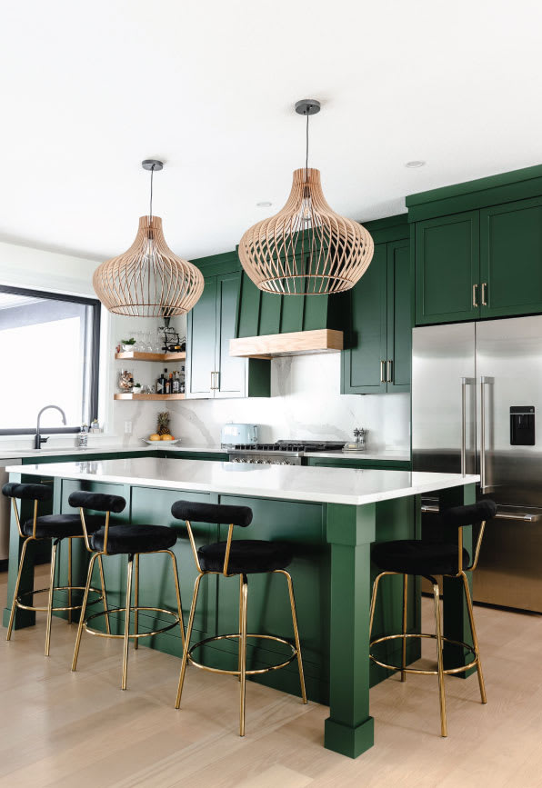 green modern farmhouse kitchen cabinets with gold and black stools