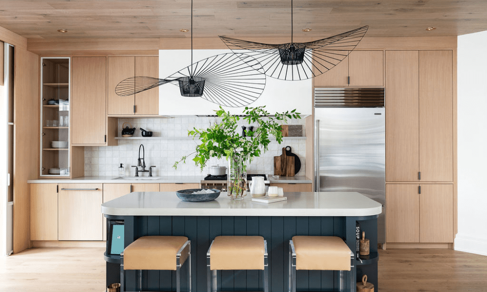 natural wood kitchen with navy curved isladn oakville