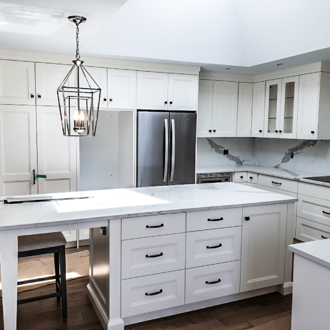 white kitchen with one island