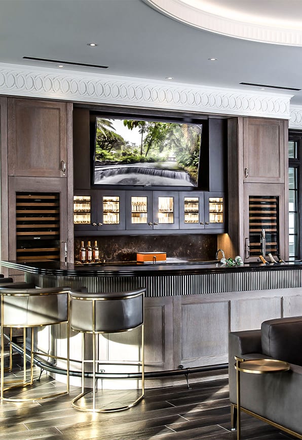 custom basement bar in grey stain