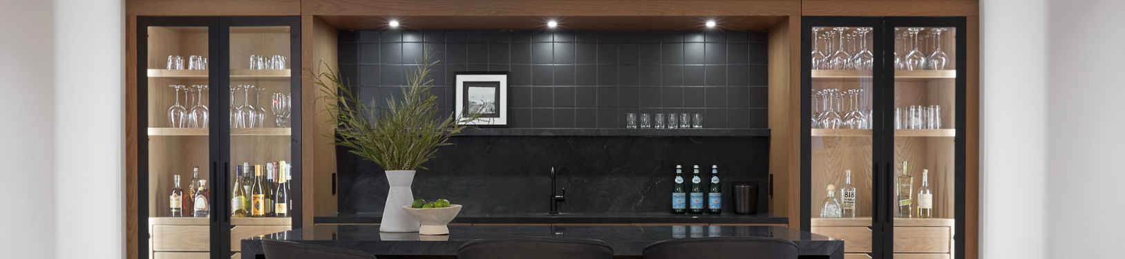 custom home bar in matte black and rift oak