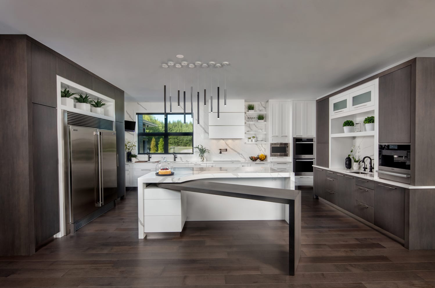 luxury grey and white kitchen with island that moves
