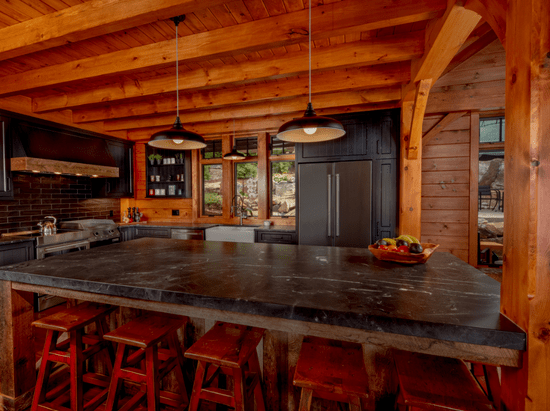 rustic cottage kitchen with a custom kitchen island made from reclaimed hemlock wood
