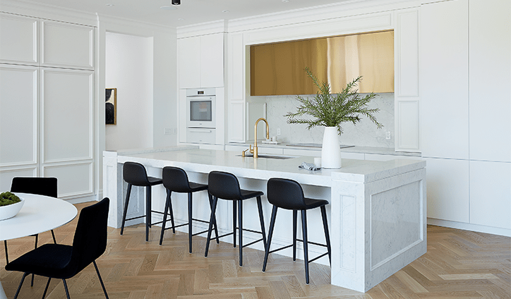 white and gold custom kitchen millwork in oakville home