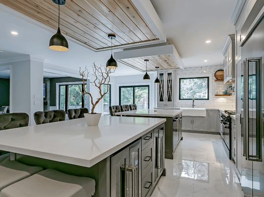 Double Island in modern green custom kitchen